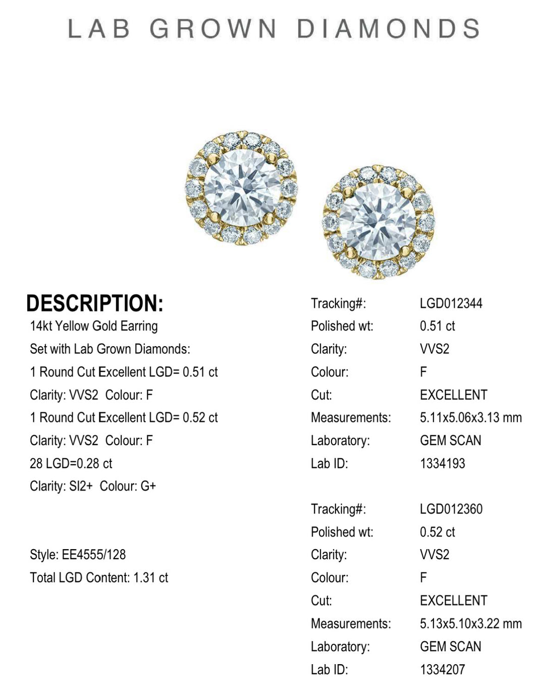 14K Yellow Gold Stud Diamond Earrings 0.51CTW.