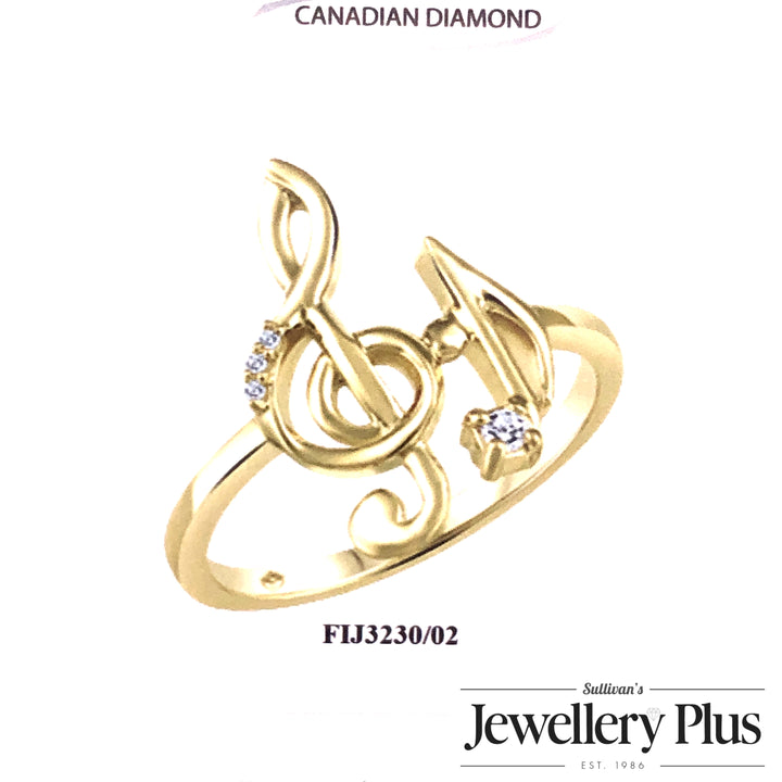 Women's 10K Yellow Gold 0.025 Round Brilliant Cut Treble Clef Diamond, Fashion Ring