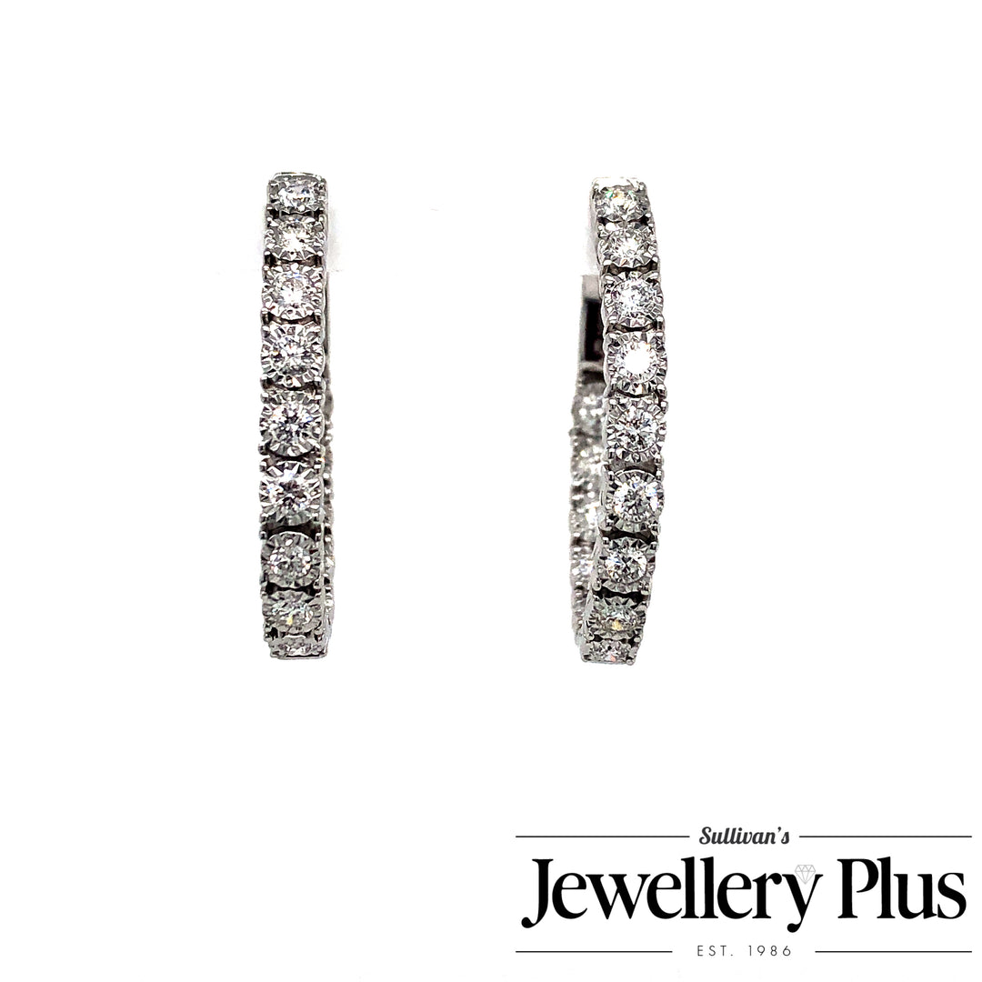 14K White Gold Medium Hoop Diamond Earrings 1.00CTW.