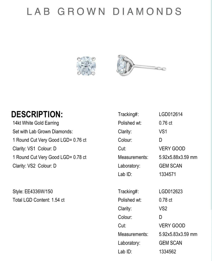 14K White Gold Stud Diamond Earrings 0.76CTW.