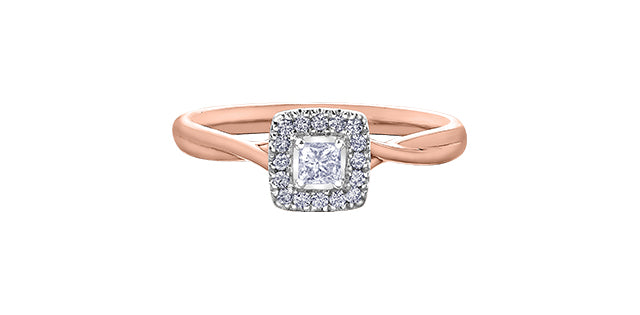 10K Rose/White 0.10 Princess Cut Halo Diamond Engagement Ring